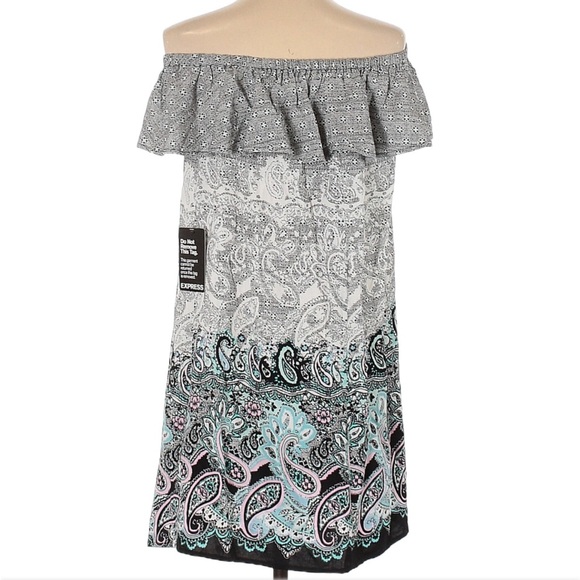 EXPRESS Boho Off/On Shoulder Paisley Print Ruffle Mini Dress Size:(S/P) - Picture 2 of 5